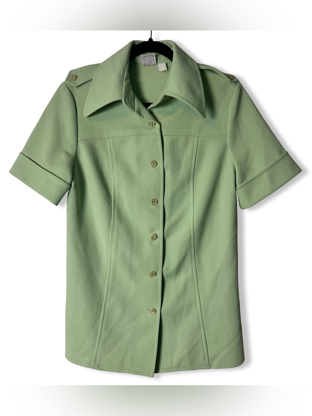 Vtg 70s Graff Californiawear Women’s Sage Green Ribbed Epaulette Blouse Top Sz M